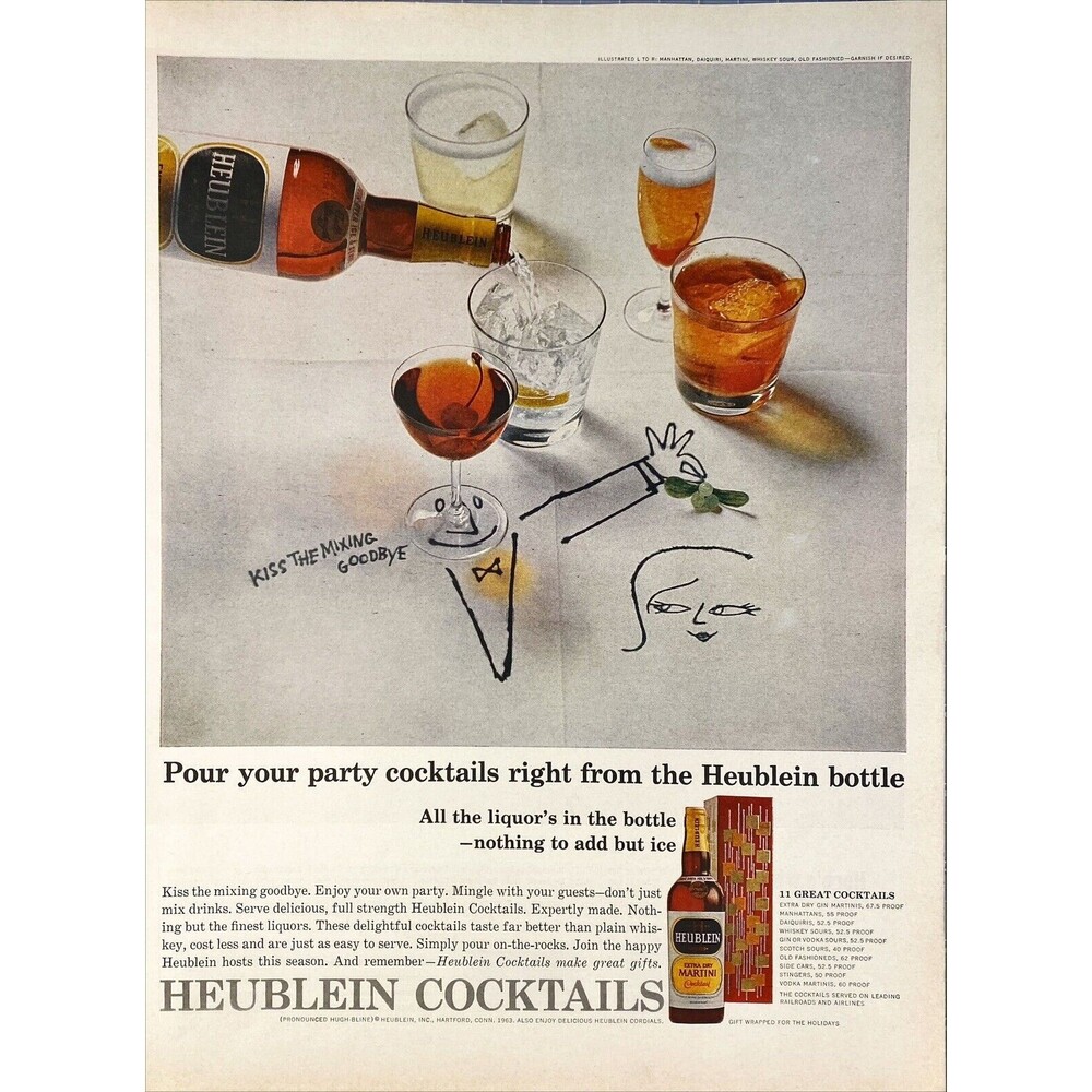 Heublein Cocktails "Pour your party cocktails right from the bottle" Vtg Ad 1963